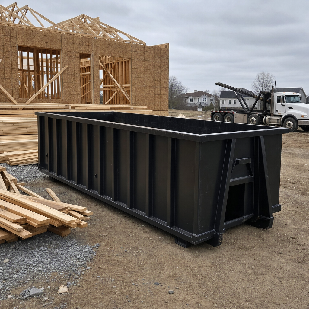 Matte-black 40-yard roll-off dumpster staged on a framed-out residential construction site in Broken Arrow, framing lumber stacked nearby, hooklift delivery truck visible in the background under bright Colorado daylight