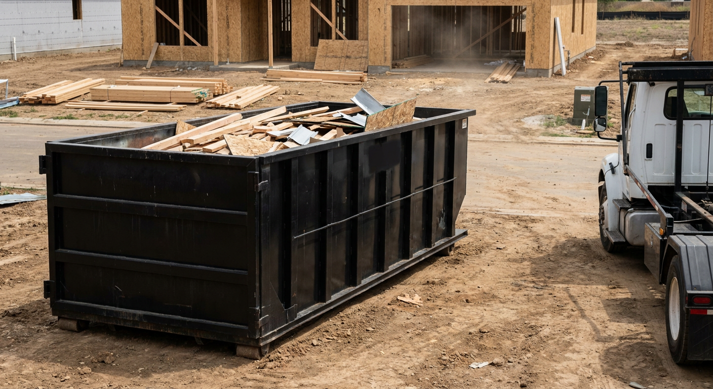 Matte-black 20-yard roll-off construction dumpster with heavy ribbed steel sidewalls and swing rear doors at a working jobsite in Broken Arrow, sitting directly on compacted dirt with an unmarked white hauler partially visible at the far edge of the frame.