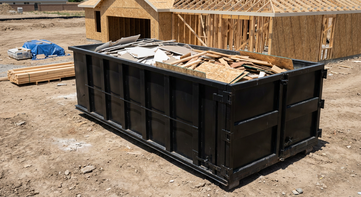 Matte-black 30-yard roll-off construction dumpster sitting directly on the compacted-dirt site of a framed single-family home build in Broken Arrow, drywall and lumber scrap loaded inside.