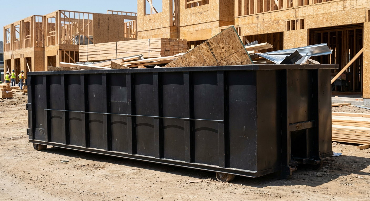 Matte-black 40-yard roll-off construction dumpster being lowered from a white-cab hooklift delivery truck onto the compacted-dirt jobsite at a commercial build site in Broken Arrow