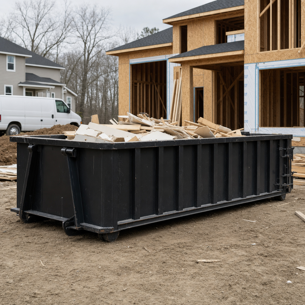 Worker in a yellow high-visibility vest tossing framing lumber and broken drywall into a matte-black 30-yard construction roll-off dumpster on an active build site in Broken Arrow, bright daylight