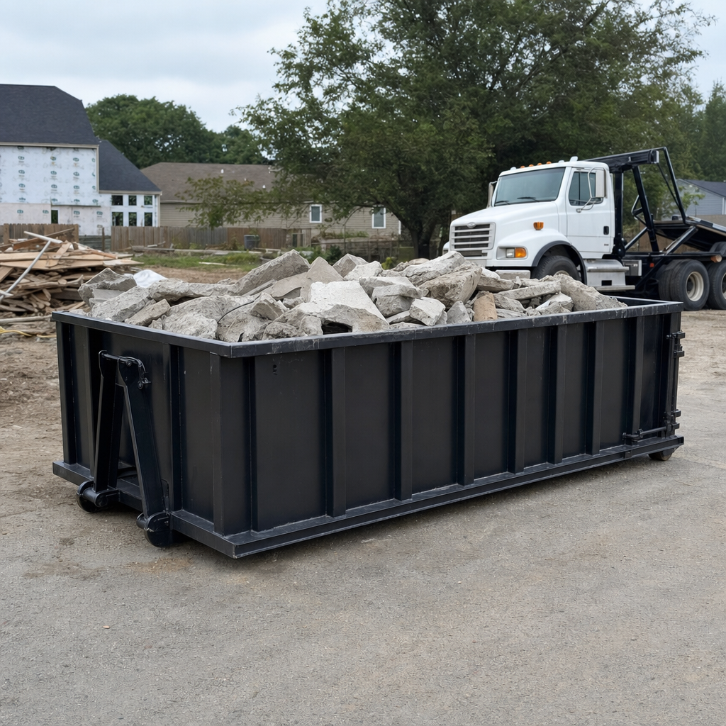 Low-profile matte-black lowboy roll-off dumpster loaded with broken concrete slab and rebar at a foundation tear-out in Broken Arrow, skid steer parked beside it, sunny Colorado morning