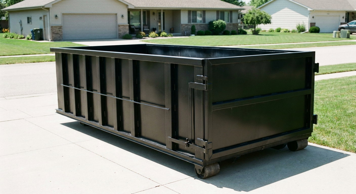 Matte-black 10-yard roll-off dumpster on a residential concrete driveway in Broken Arrow, uniformly painted matte black across every panel and rail, ribbed steel sidewalls and rear swing door visible, mid-day daylight.