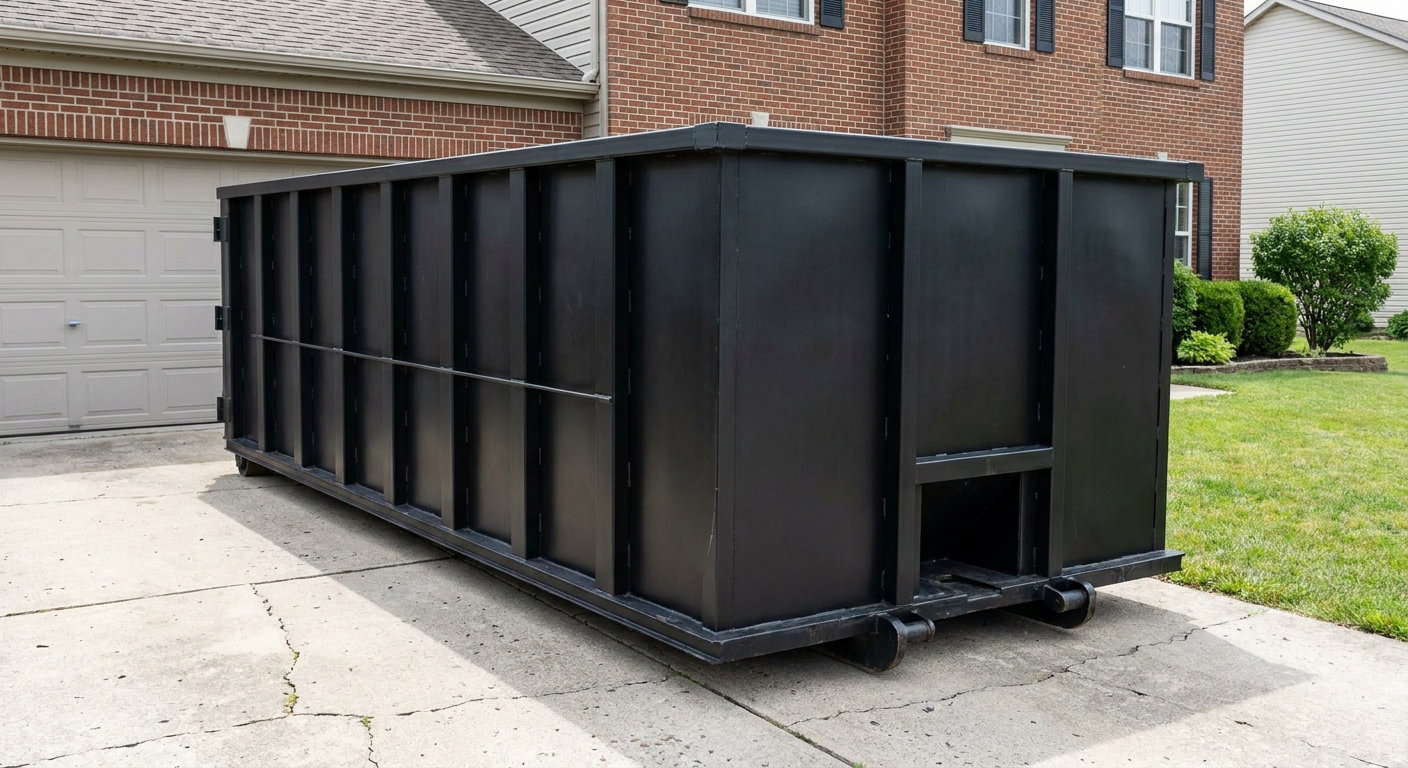 Matte-black 20-yard roll-off container on a Broken Arrow residential concrete driveway with reinforced ribbed steel sidewalls and a hinged rear walk-in door, clean bright daylight.