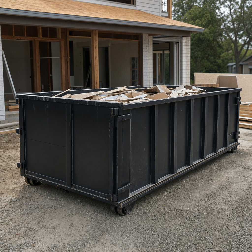 Large matte-black 30-yard construction roll-off dumpster at an active Broken Arrow jobsite, steel-gray top rails and bottom rollers visible, loaded with construction debris.