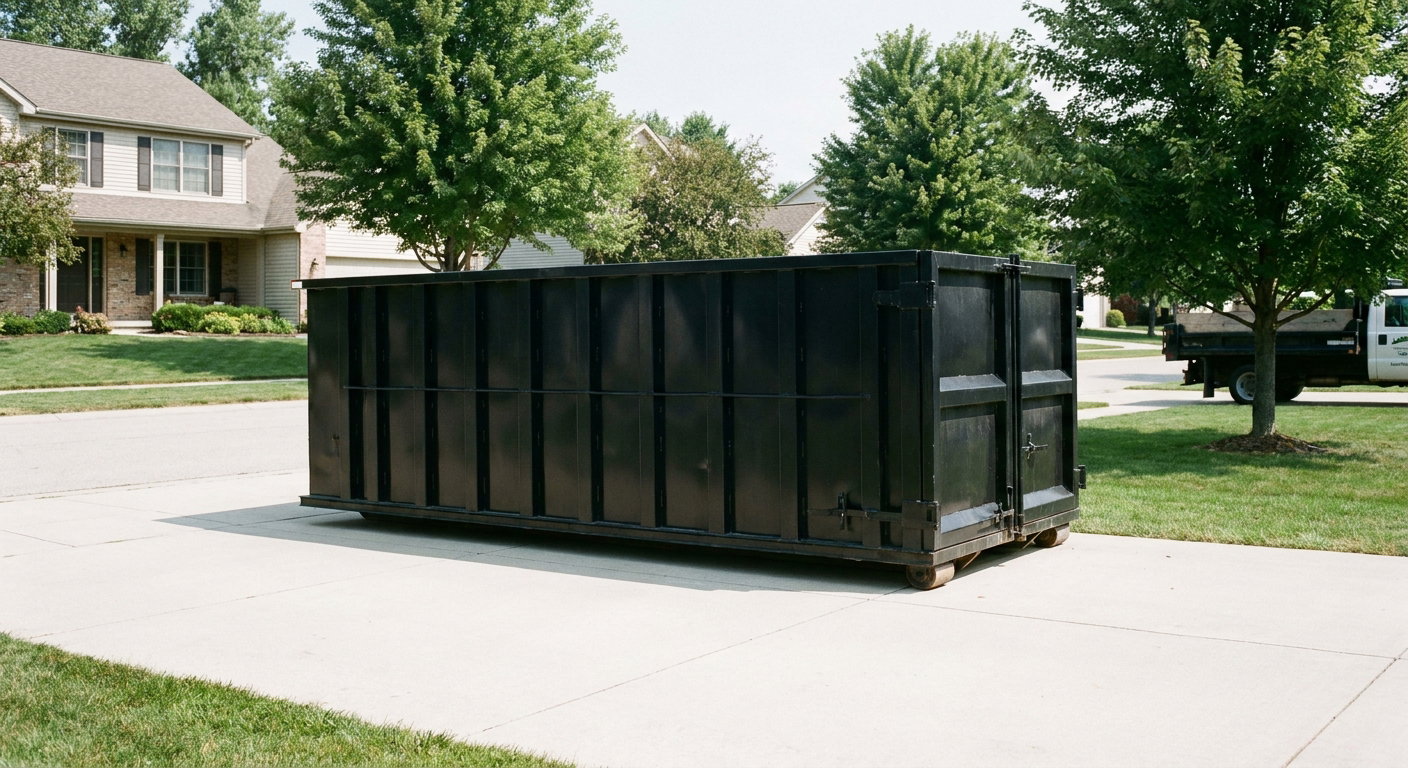 Matte-black 20-yard roll-off dumpster sitting level on a clean Broken Arrow residential concrete driveway under bright daylight, demonstrating clean placement directly on the concrete.