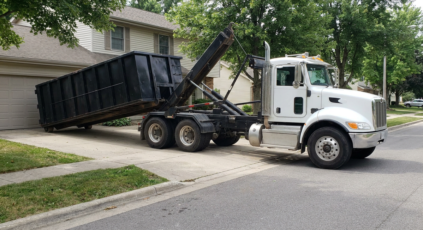 White-cab hooklift roll-off truck actively lowering a matte-black dumpster onto a Broken Arrow residential concrete driveway, the dumpster's rear wheels touching the driveway as the hoist arm tilts the bed forward, mid-morning daylight.