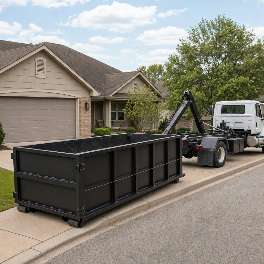 Wide documentary shot of a matte-black roll-off dumpster on a Broken Arrow residential driveway in the foreground and a contractor jobsite container in the soft-focus background, bright daylight, calm and orderly composition.