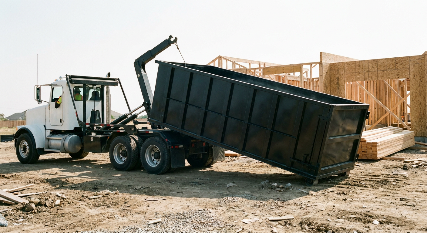 Matte-black roll-off dumpster being delivered onto a clean residential concrete driveway in Broken Arrow by an unmarked white hooklift hauler truck, bright morning daylight, documentary 35mm perspective.