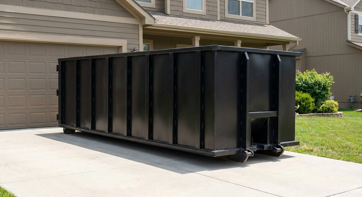 Matte-black residential roll-off dumpster sitting directly on a suburban Broken Arrow concrete driveway, garage door closed, single-family home in background, bright morning daylight.
