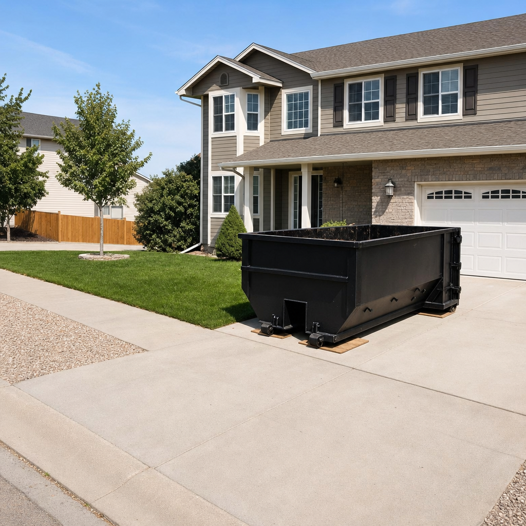 10-yard matte-black residential dumpster placed directly on a narrow Broken Arrow concrete driveway, room remains for a parked sedan beside it, mid-morning natural light