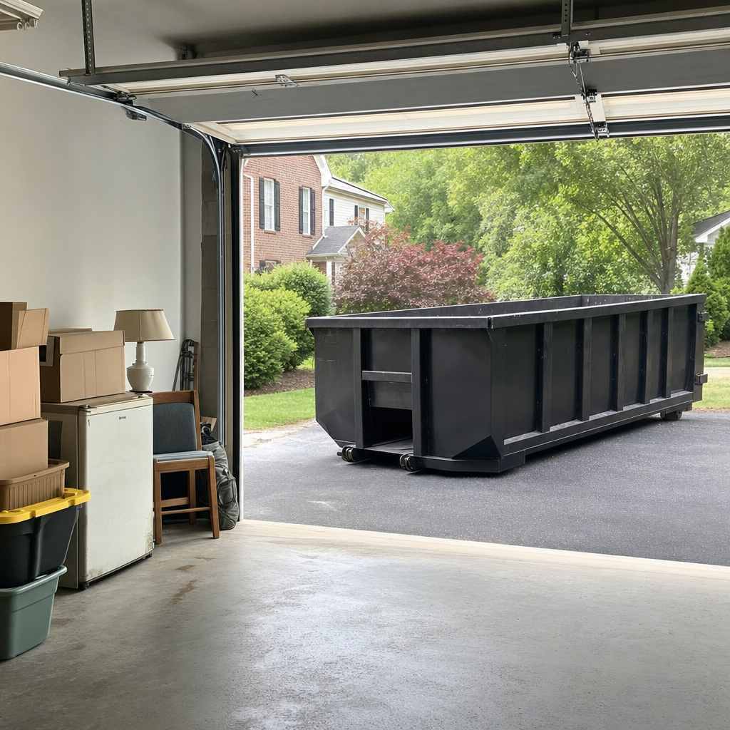 Open garage interior in a Broken Arrow home mid-cleanout — boxed items, an old appliance, and stacked yard tools queued near the driveway for a matte-black roll-off dumpster, organized and calm