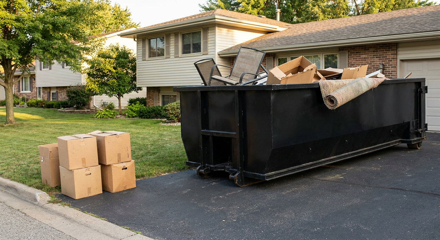 Front-yard view of a Broken Arrow split-level home with a 20-yard matte-black roll-off dumpster sitting directly on the asphalt driveway, a few clearly labeled donation boxes staged at the curb, calm sunny afternoon.