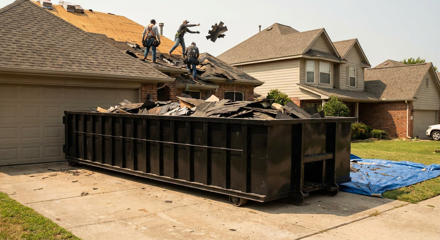 Matte-black roofing roll-off dumpster placed directly on a Broken Arrow residential concrete driveway, a tear-off crew on a two-story asphalt-shingle roof tossing shingle bundles into the low-walled container, bright daylight, documentary 35mm perspective.