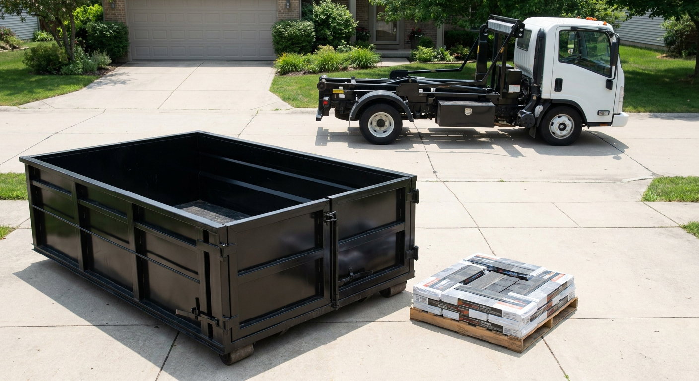 Matte-black 15-yard roofing roll-off dumpster with reinforced low side walls sitting directly on a Broken Arrow residential concrete driveway, three-tab asphalt shingle bundles stacked nearby, an unmarked white hauler truck partially visible at the edge of the frame.