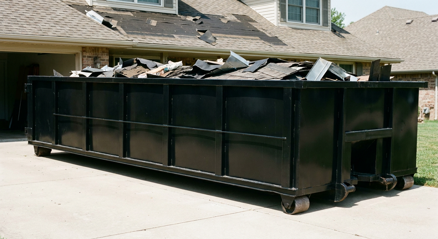 Matte-black 20-yard roofing roll-off dumpster with steel ribbed sides and swinging rear door, sitting directly on the concrete driveway of a two-story Broken Arrow home, asphalt shingle debris being loaded over the low wall, clean documentary lighting.