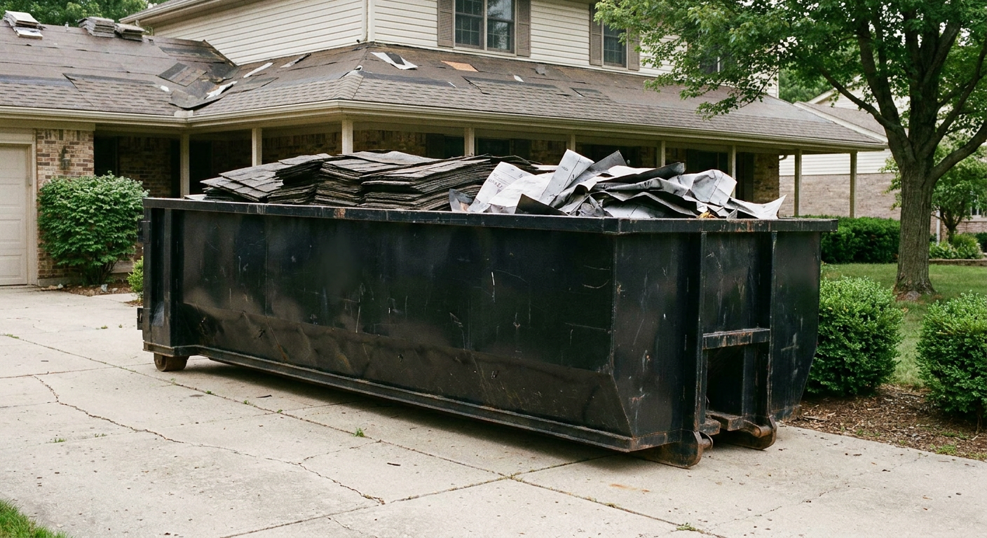Matte-black 30-yard roofing roll-off dumpster sitting directly on a Broken Arrow concrete driveway, taller ribbed steel side panels, mixed tear-off debris of asphalt shingles and underlayment inside, professional documentary daylight.