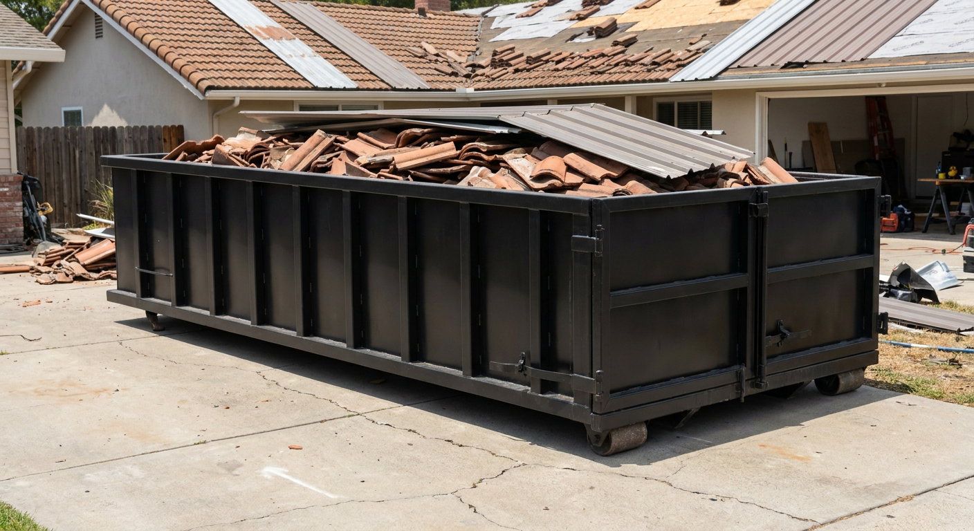 Matte-black low-wall heavy-debris roofing roll-off dumpster sitting directly on a Broken Arrow concrete driveway, broken concrete clay roof tiles and metal panel sections loaded inside, reinforced ribbed steel side walls visible, bright outdoor daylight.