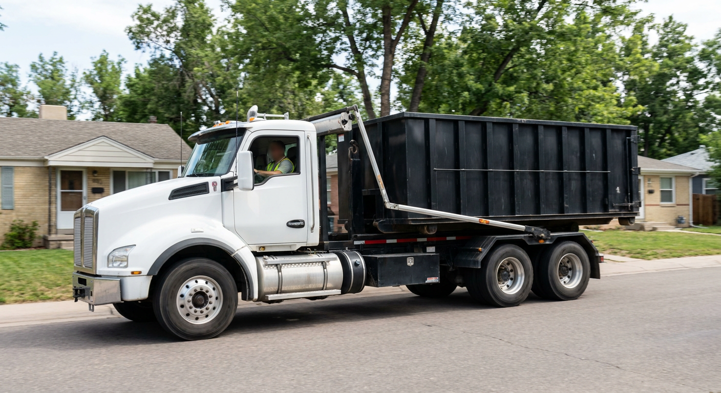 A wide documentary shot of a matte-black roll-off delivery truck pulling onto a quiet Broken Arrow residential street at mid-morning, with neighborhood rooftops and tree-lined blocks visible behind, showing the metro coverage footprint.