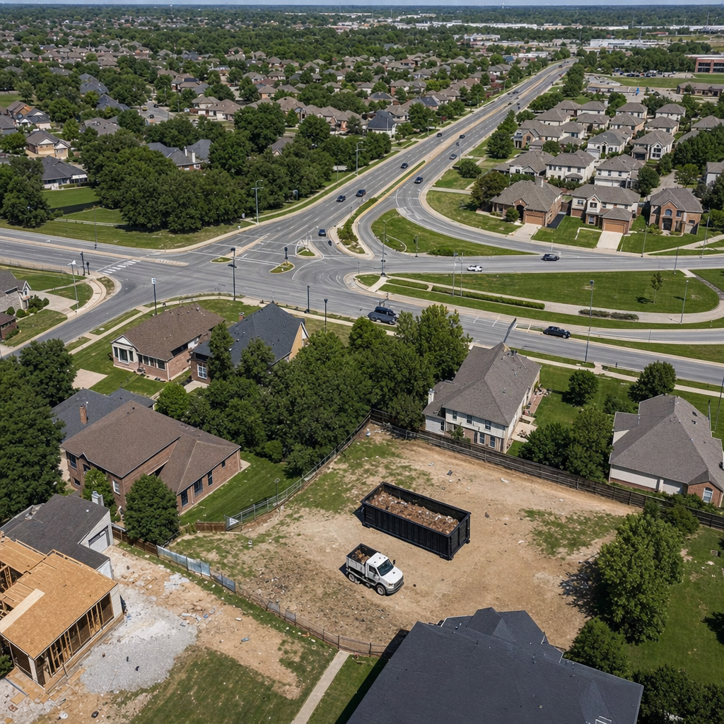 An overhead documentary view of the Broken Arrow metro area at midday, showing the spread of neighborhoods, arterial roads, and the dispatch radius from a central yard — clean daylight, organized geographic layout.