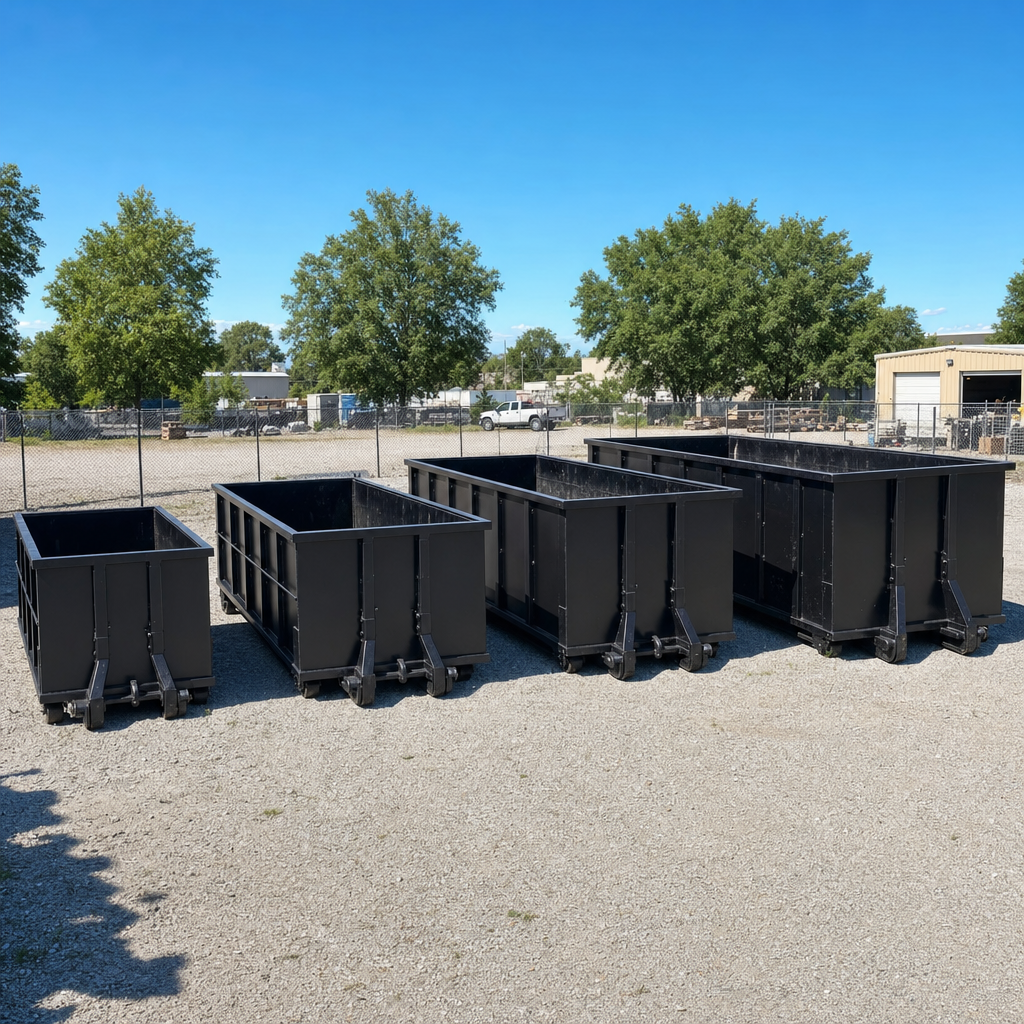 A clean lineup of matte-black roll-off dumpsters in 10, 20, 30, and 40-yard sizes staged on a sunlit gravel yard in Broken Arrow, showing the size progression from compact to commercial-scale containers.