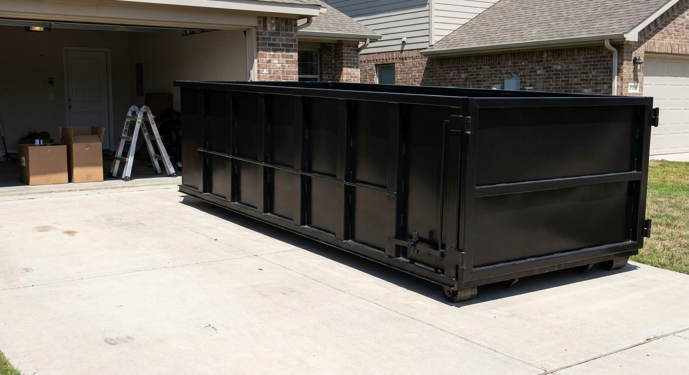 A matte-black 10-yard roll-off dumpster sitting directly on a residential Broken Arrow concrete driveway, mid-day sunlight, clean and ready for a garage cleanout.
