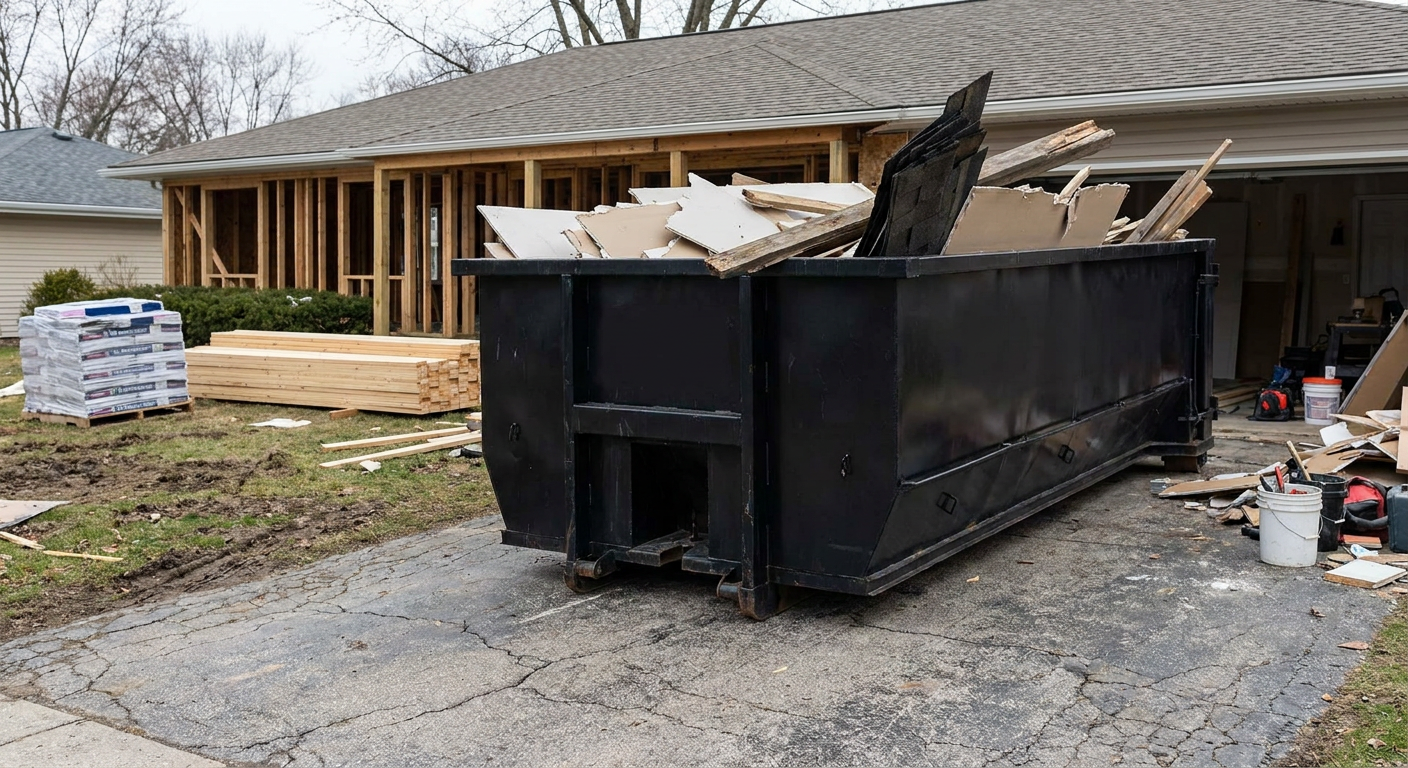 A matte-black 20-yard roll-off dumpster placed alongside a mid-renovation Broken Arrow home directly on the asphalt driveway, with framing materials and torn-off shingles staged neatly nearby.