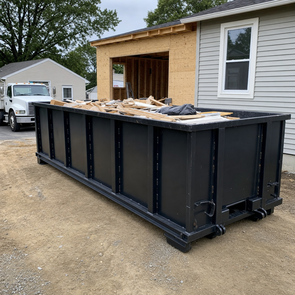 A matte-black 30-yard roll-off dumpster positioned at a Broken Arrow residential addition jobsite, with framing lumber and drywall scraps loaded through the open swinging rear doors.