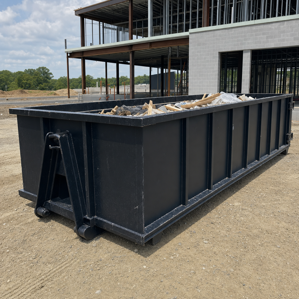 A matte-black 40-yard roll-off dumpster staged on a large Broken Arrow commercial construction lot, with a hooklift delivery truck parked alongside under bright midday sky.
