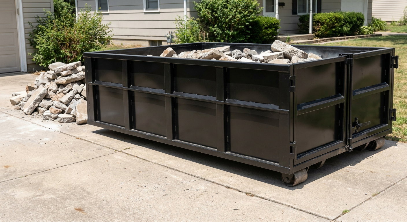 A matte-black low-side heavy-debris roll-off dumpster placed directly on a Broken Arrow concrete driveway, with broken concrete chunks neatly stacked beside it under clean daylight.